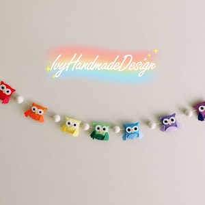 Rainbow colors Owls Felt Garland/Needle Felt Ball Bedroom/Gift/Wall Nursery decor/Baby Shower/Party Banner/baby owls Bunting/colorful owls