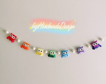 Rainbow colors Owls Felt Garland/Needle Felt Ball Bedroom/Gift/Wall Nursery decor/Baby Shower/Party Banner/baby owls Bunting/colorful owls