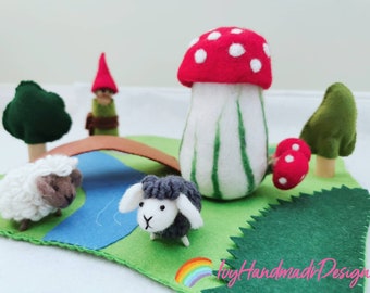 Needle felt Mushroom Waldorf/Sheep Grassy Landscape Play Scene/Small World/Open Ended Play/Woodland Felt roll up Play Mat/Lamb Fairy Pretend