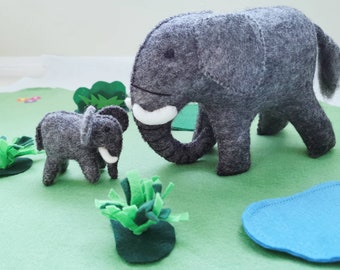 3D Elephant plush Toy/Family Baby elephant Stuffed Animal puppet/Calf nursery decor/soft sculpture/Photo prop/Mother Baby Elephant lover Art