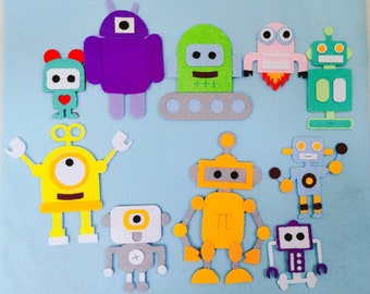 10 Robots Felt set/Preschool Activities/Spaceship Flannel board/Moon Felt StorySet/Circle Time/Learning/ECE/Party Decoration/Dramatic play/