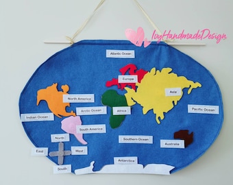 Montessori Felt World Map/World Map with continent & Ocean/Geography Lesson/puzzle/Educational Toys/Felt Activities/Gift/Montessori Teaching