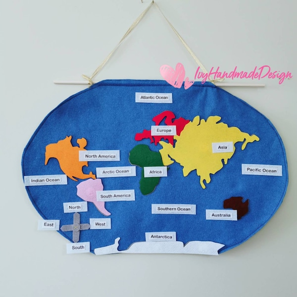 Montessori Felt World Map/World Map with continent & Ocean/Geography Lesson/puzzle/Educational Toys/Felt Activities/Gift/Montessori Teaching