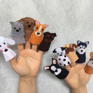 Títere de dedo de fieltro para perro/Personaliza tu perro/Regalo personalizado/Juego de simulación/Juego imaginativo/Mascotas/Juguete para cachorros/Juego para bebés/Espectáculo de marionetas/Fieltro de animales