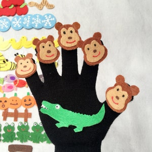 Vijf kleine pompoenen/bijen/sneeuwvlokken/gespikkelde kikkers/vissen/apen/eenden/appels/oude McDonald had een boerderij Finger Play Glove/Felt Puppet Glove afbeelding 3