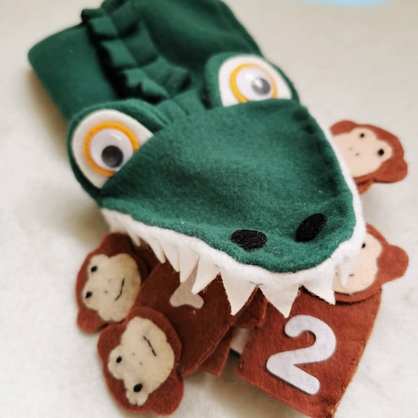 Fünf kleine Affen Fingerpuppe Krokodil / 5 kleine Affen schaukeln im Baum reizende Herr Alligator Handpuppe / Flanell Geschichte / Kreatives spielen