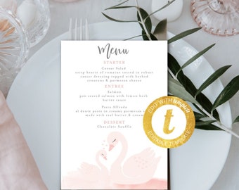 May include: A pink and white menu template with a watercolor illustration of two swans. The menu includes the following items: Caesar Salad, Salmon, Pasta Alfredo, and Chocolate Souffle. The text "Edit with Template" is in a gold circle with a letter "t" inside.