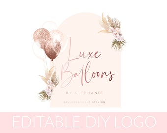 Party Business Logo, Balloons Editable Logo, Diy Branding, Logo Template, Rose Gold Logo