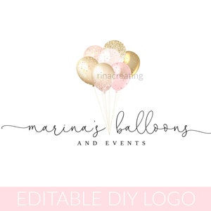 Logotipo de balão, logotipo de balão rosa-claro e dourado, marca faça você mesmo, modelo de logotipo
