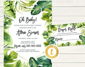 Greenery Baby Shower Invitation, Tropical Baby Shower