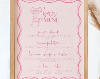 Pink Bar Menu, Wavy Bar Menu, Cocktails Sign, Editable Bar Menu Template
