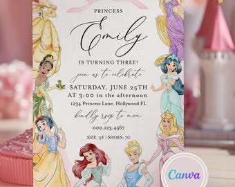 Invitación de cumpleaños de princesa, invitación de cumpleaños de niña, plantilla editable de Canva