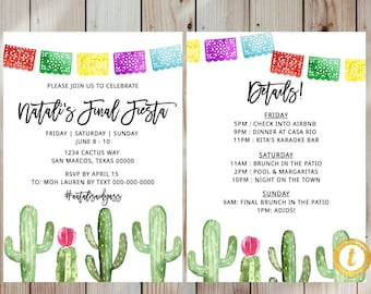 May include: A colorful invitation for a farewell fiesta with the text "Natali's Final Fiesta" and details for a weekend of events including a brunch, pool party, and karaoke. The invitation features a watercolor illustration of cacti and colorful paper flags.