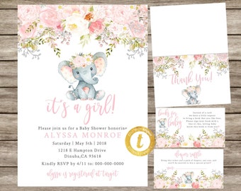 Invito baby shower a forma di elefante, invito baby shower rosa cipria