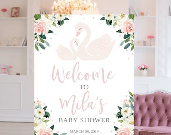 Swan Baby Shower Welcome Sign, Welcome Printable Sign, Editable Template, Baby Shower Signage