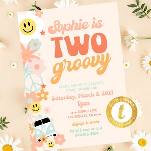 Twee groovy-uitnodigingen, groovy thema-uitnodiging, retro verjaardagsuitnodiging