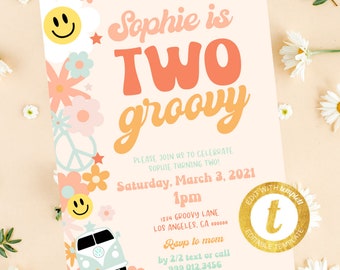 May include: A groovy, colorful invitation for a 2-year-old's birthday party. The invitation features a peace sign, flowers, and a smiling face. The text reads "Sophie is Two groovy" and includes the date, time, and location of the party. RSVP information is also included.