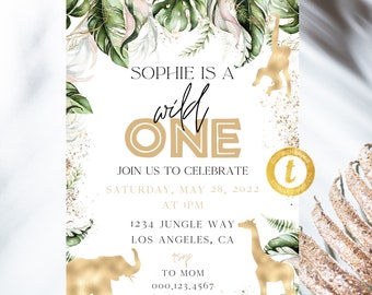 Wild One Birthday Invitation, First Birthday Invitation, Safari Birthday Invitation, Jungle Animals Invitation