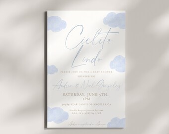 May include: A baby shower invitation with a blue watercolor sky background and the text "Cielito Lindo" in cursive. The invitation is for Andrea & Noel Gonzalez and is scheduled for Saturday, June 5th at 1 PM. The address is 56789 Bear Lane, Los Angeles, CA. The RSVP information is to text Jessica at 000-123-4567 by 5/28.
