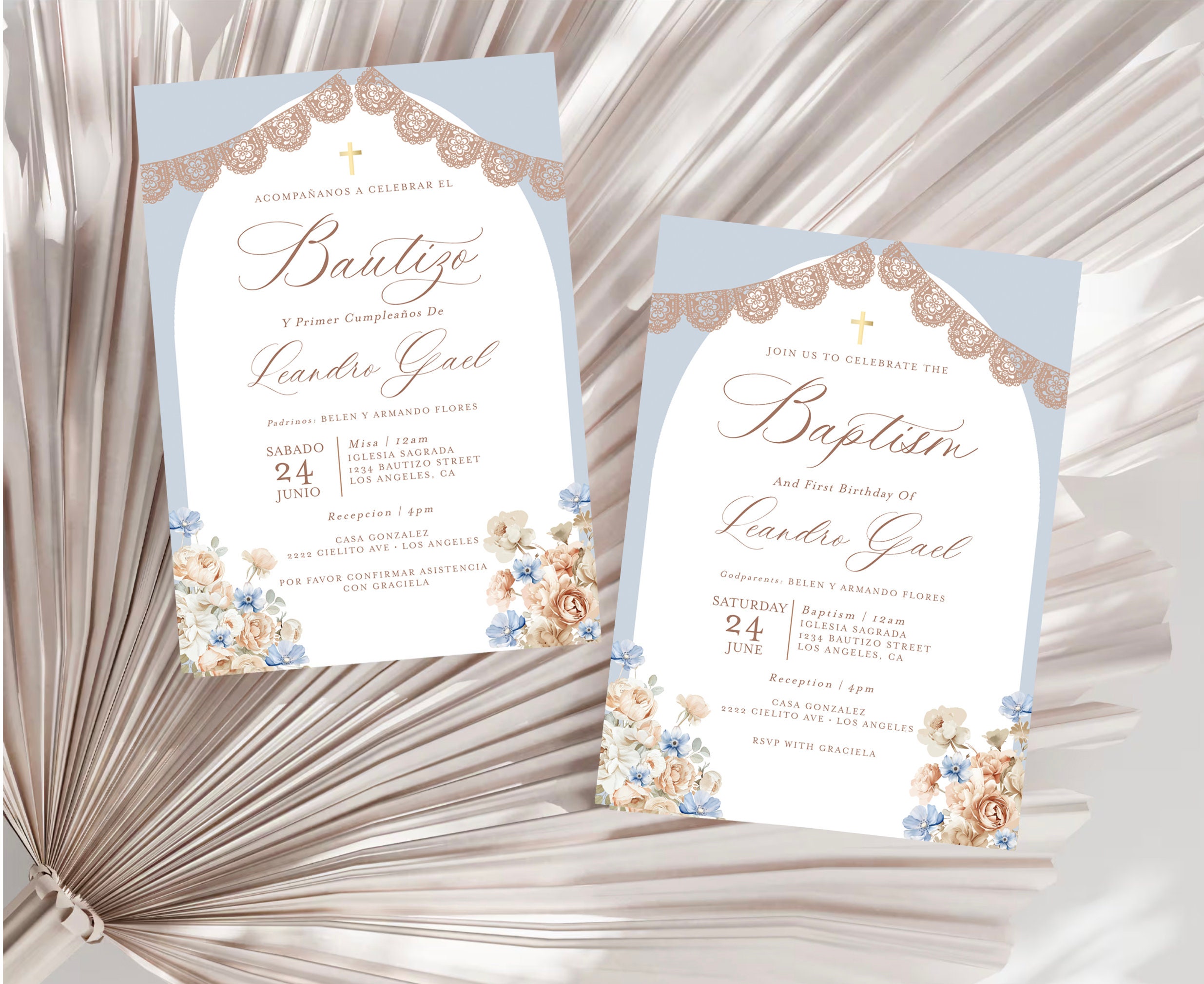 Bautizo Invitation, Dusty Blue Baptism Invitation, Papel Picado Bautizo