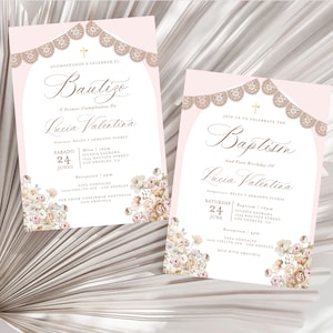 Bautizo-uitnodiging, blush roze doopuitnodiging, Papel Picado Bautizo