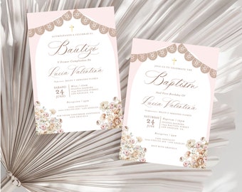 Bautizo Invitation, Blush Pink Baptism Invitation, Papel Picado Bautizo