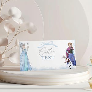 Cartão de comida dobrável com tema Frozen, etiqueta com tema Frozen, cartões de lugar