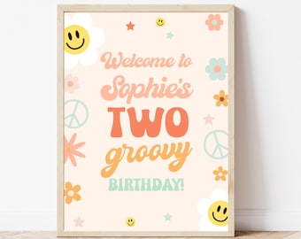 Two Groovy Welcome Sign, Groovy Welcome Printable Sign, Editable Template