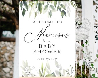 Baby Shower Welcome Sign, Greenery Welcome Printable Sign, Editable Template, Greenery leaves