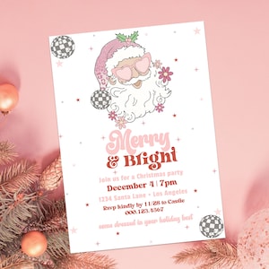 Merry and Bright Invitation, Disco Santa Invitation, Christmas Party Invitation, Pink Christmas Invitation