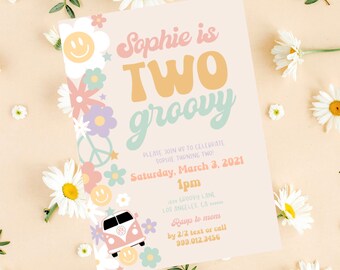 May include: A colorful invitation for a child's birthday party. The invitation features a groovy font and a psychedelic design with flowers, peace signs, and a smiling face. The text reads "Sophie is Two groovy" and includes the date, time, and location of the party. RSVP information is also included.