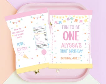 Fun to be One Chip Bag, Editable Canva Template