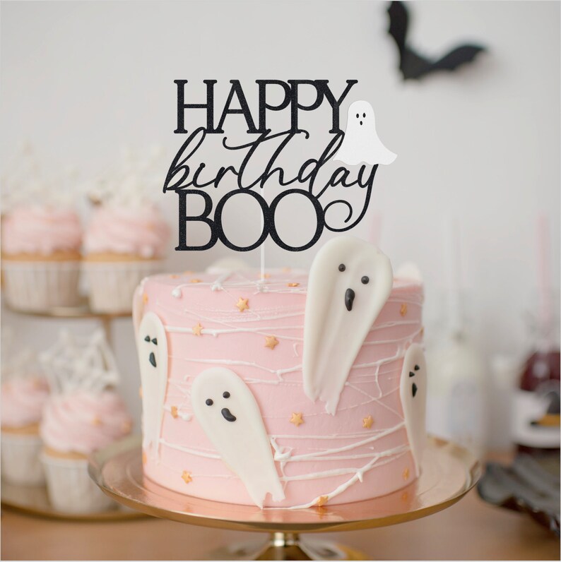Tinoaly Happy Boo Cake Topper, Black Glitter Halloween Cake Topper