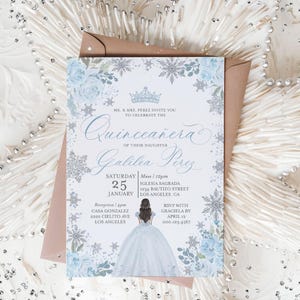 Winter Quinceanera Invitation, Light blue and silver Quinceanera Invitation, Snowflake invite