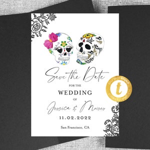 Invitación para guardar la fecha con diseño de calavera de azúcar, guardar la fecha, boda de otoño