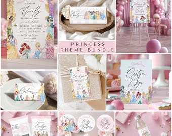 May include: A princess-themed party bundle featuring invitations, signs, cupcake toppers, and water bottle labels. The designs include princess illustrations and the name "Emily". The color scheme is primarily pink and gold.