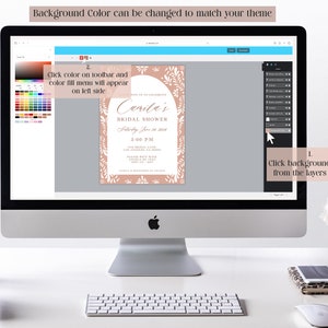 Peut inclure: Un &eacute;cran d'ordinateur affichant un mod&egrave;le d'invitation de f&ecirc;te de mariage avec un fond rose et un motif floral. Le texte de l'invitation indique "Camila's Bridal Shower" et comprend la date, l'heure et le lieu de l'&eacute;v&eacute;nement. L'&eacute;cran affiche &eacute;galement des instructions sur la fa&ccedil;on de modifier la couleur de fond de l'invitation.