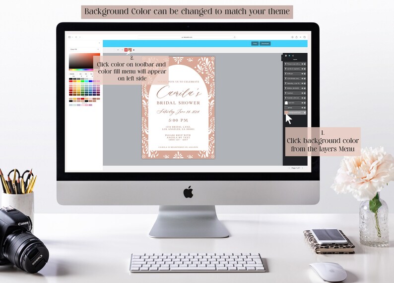 Peut inclure: Un &eacute;cran d'ordinateur affichant un mod&egrave;le d'invitation de f&ecirc;te de mariage avec un fond rose et un motif floral. Le texte de l'invitation indique "Camila's Bridal Shower" et comprend la date, l'heure et le lieu de l'&eacute;v&eacute;nement. L'&eacute;cran affiche &eacute;galement des instructions sur la fa&ccedil;on de modifier la couleur de fond de l'invitation.