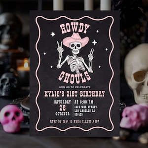 Howdy Ghouls Halloween Invitation, Pink Halloween Invitation, Skeleton Invitation, Western Halloween