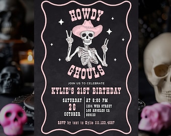 Howdy Ghouls Halloween Invitation, Pink Western Skeleton (Digital File)