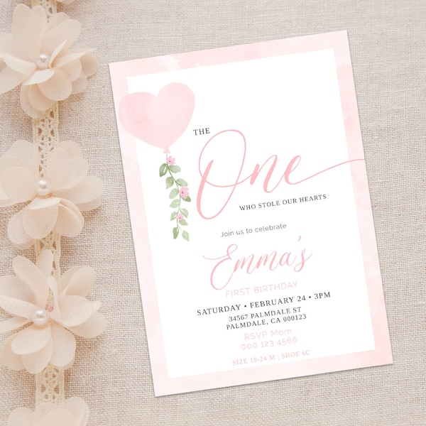 The ONE who stole our hearts Invitation, First Birthday Invitation, Sweet One, Heart theme