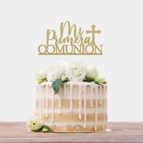 Mi Primera Comunion Cake Topper - Gold Glitter First Holy Communion Decorations For Cakes, Christening, Confirmation Parties