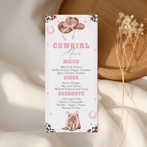 May include: A pink and white cowgirl-themed menu card. The menu features a cowboy hat and boots graphic. The menu lists mains, sides, and desserts, including BBQ pork sliders, potato wedges, and chocolate cake.