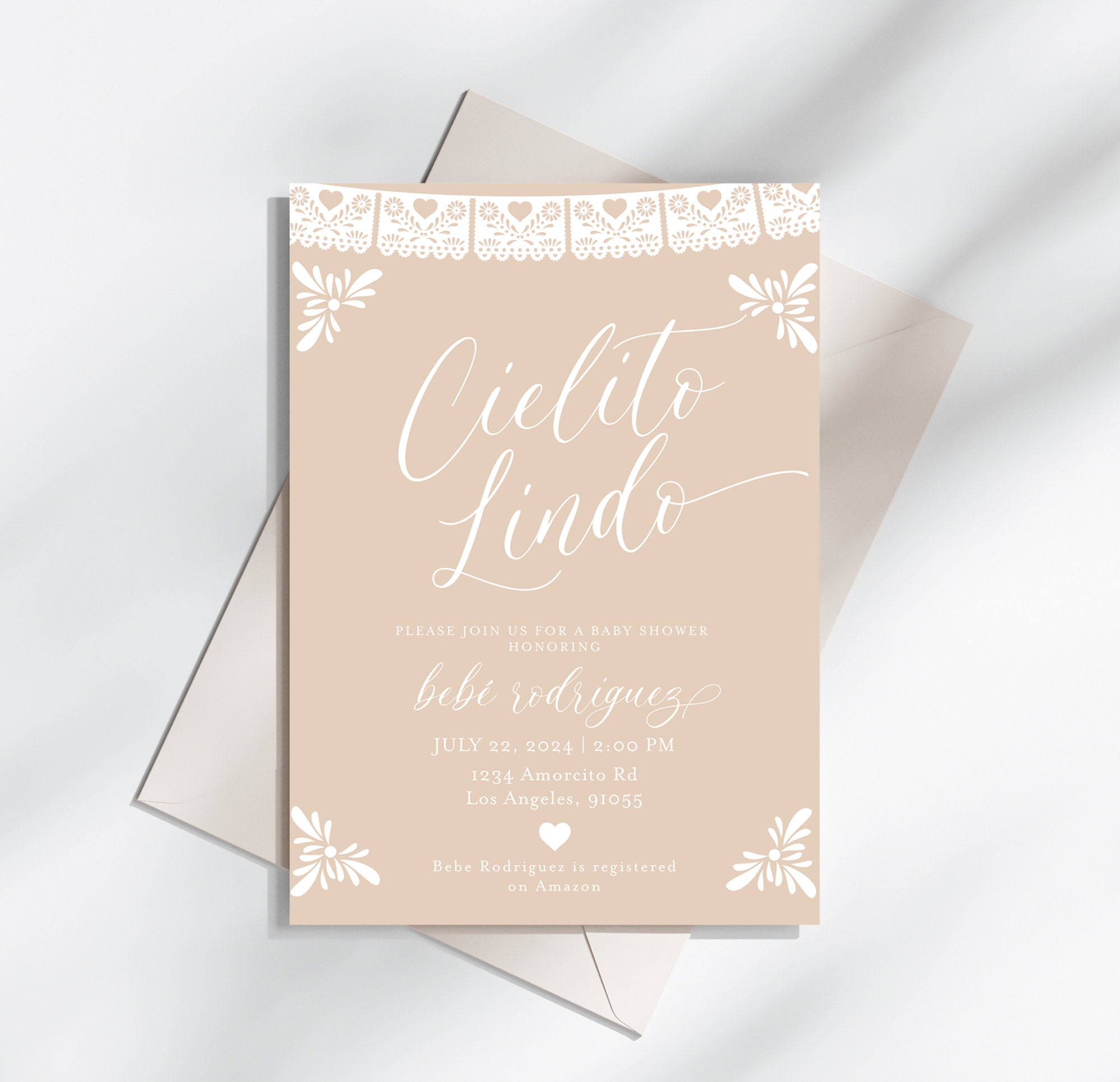 Invito per baby shower Cielito Lindo, Invito per baby shower a tema Talavera, Invito per baby shower Papel Picado