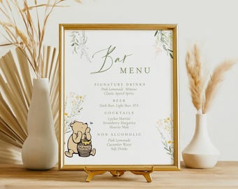 Bar Menu Sign, Winnie the Pooh Baby Shower, Editable Template