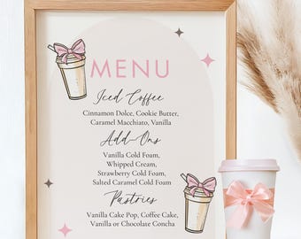 Letrero de menú de café, menú rosa, menú de café helado, plantilla editable de Canva