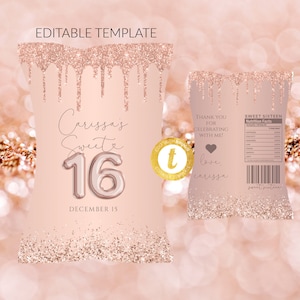 Rose Gold Chip Bag file Template, Sweet 16 Chip bag Editable Template, Digital File Only