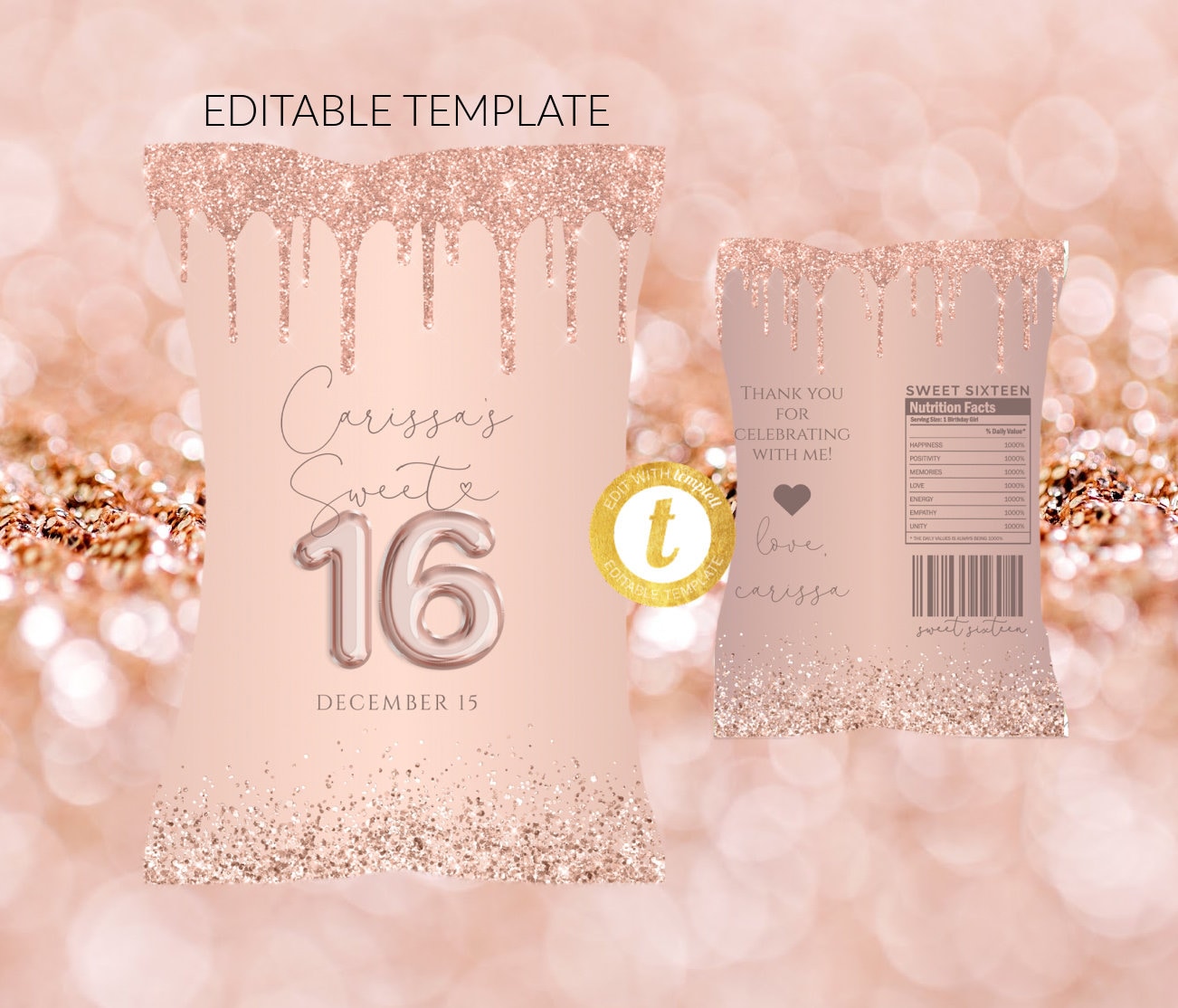 Rose Gold Chip Bag file Template, Sweet 16 Chip bag Editable Template, Digital File Only