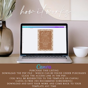 May include: A laptop screen displaying a baby shower invitation template on Canva. The invitation is for a baby shower for a baby named "Culito Lindo". The invitation is decorated with floral designs and is in a brown and gold color scheme.