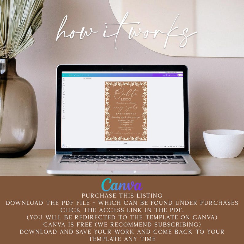 May include: A laptop screen displaying a baby shower invitation template on Canva. The invitation is for a baby shower for a baby named "Culito Lindo". The invitation is decorated with floral designs and is in a brown and gold color scheme.